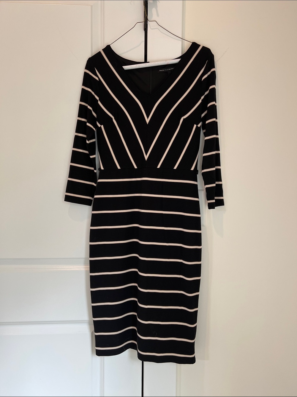 White House Black Market Black and Cream Striped V-Neck Midi Dress